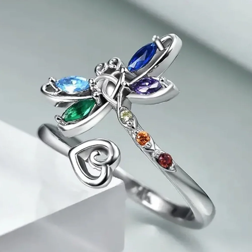 Dragonfly and Heart Ring silver Tone with Multicolored Rhinestones Adjus…